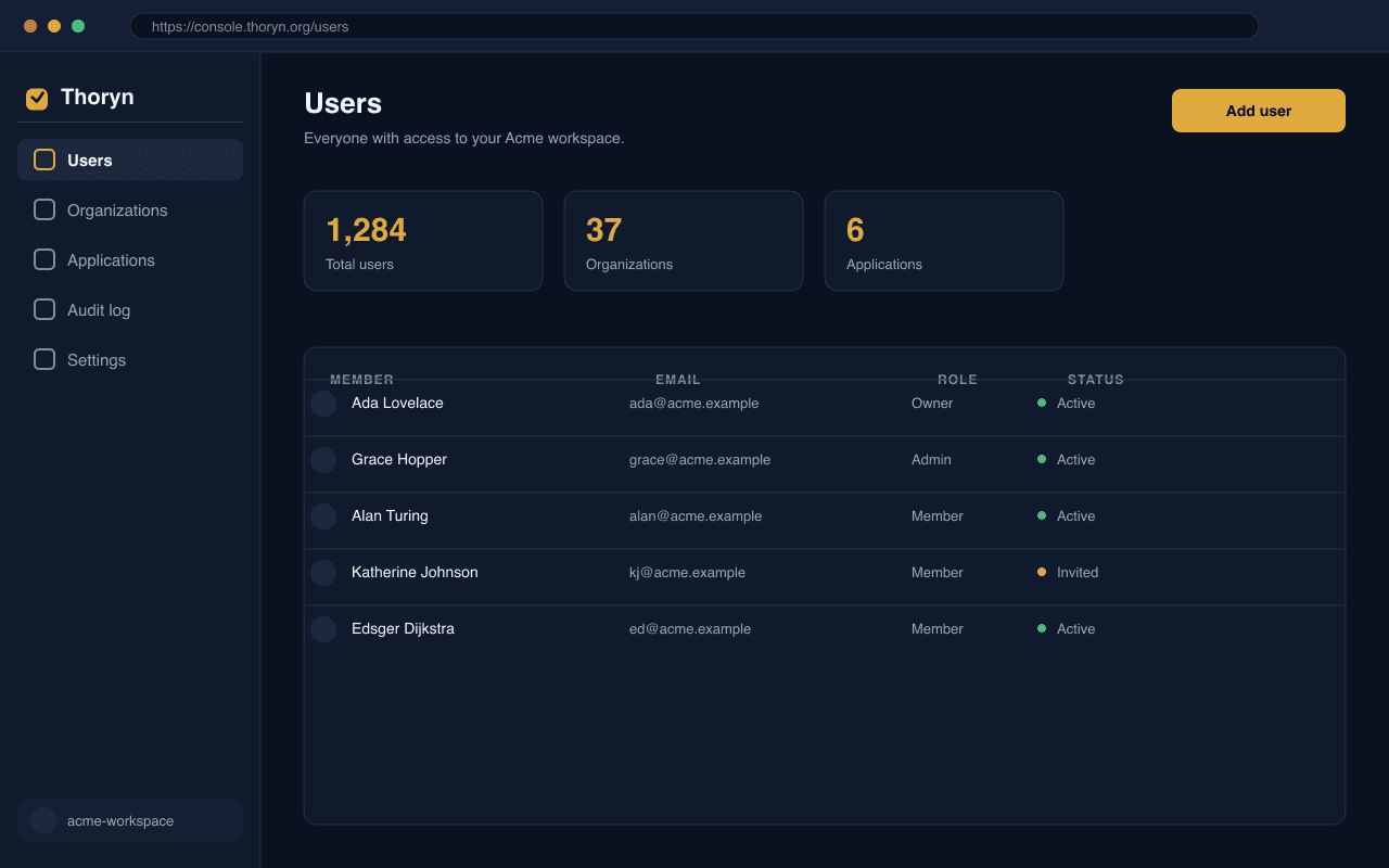 Preview of the Thoryn admin console