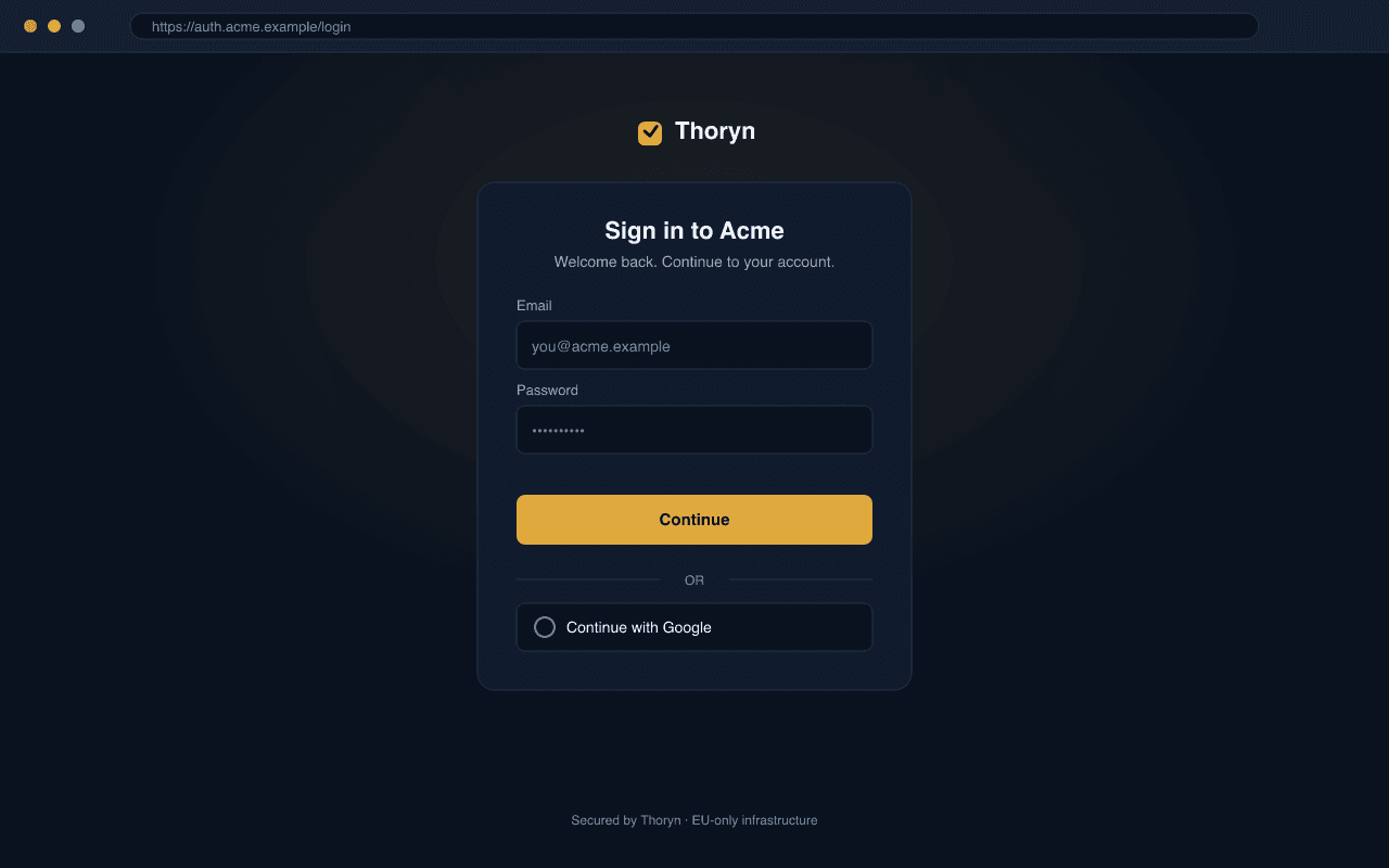 Preview of the Thoryn hosted login page